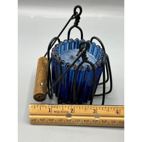Cobalt Blue Glass Candle Holder With Iron Holder Wood Handle Primitive Look 4.5" - Picture 3 of 15